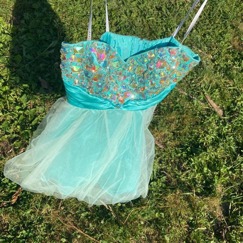 Turquoise masquerade mini dress semi formal